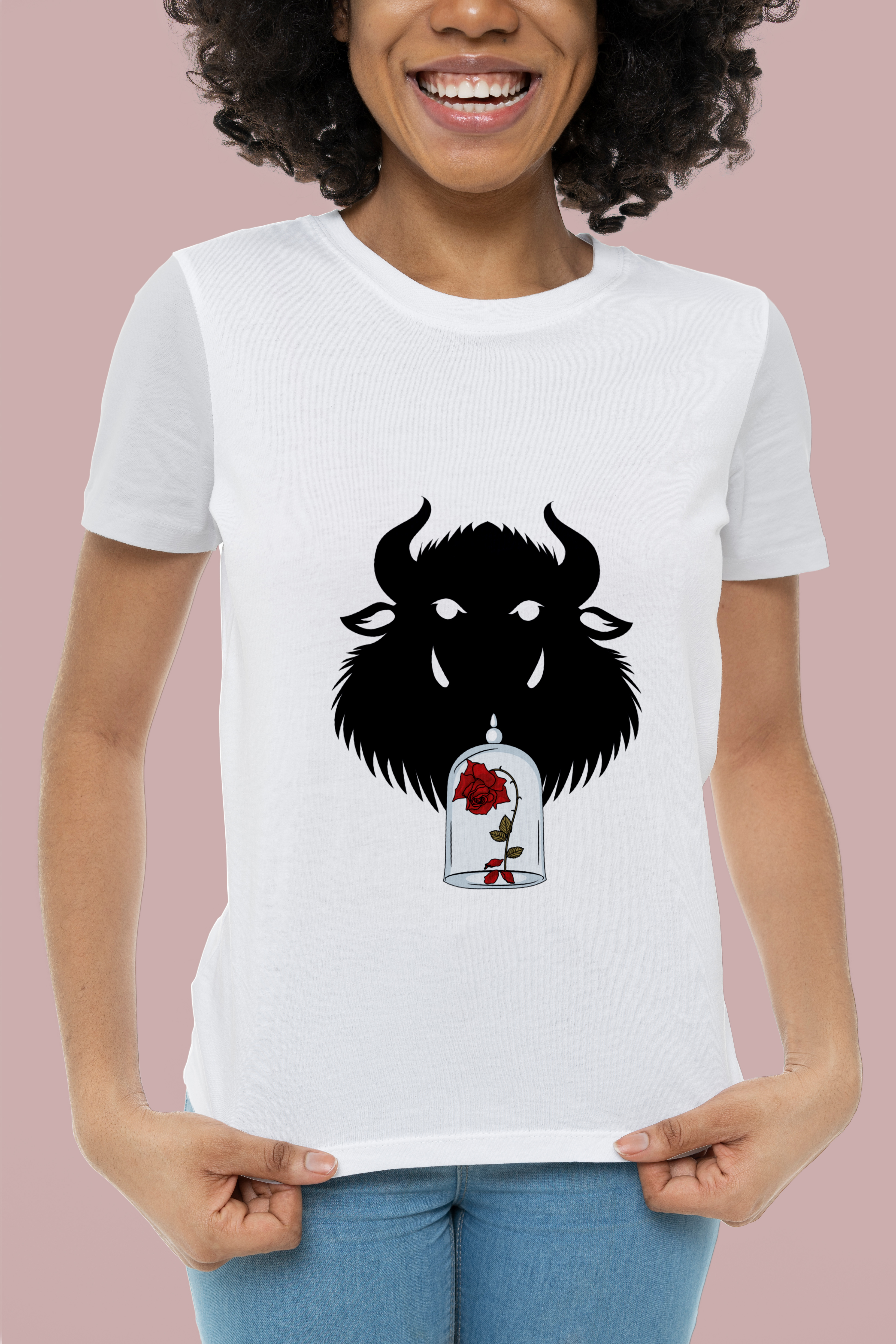 Black silhouette bull image with rose tag.