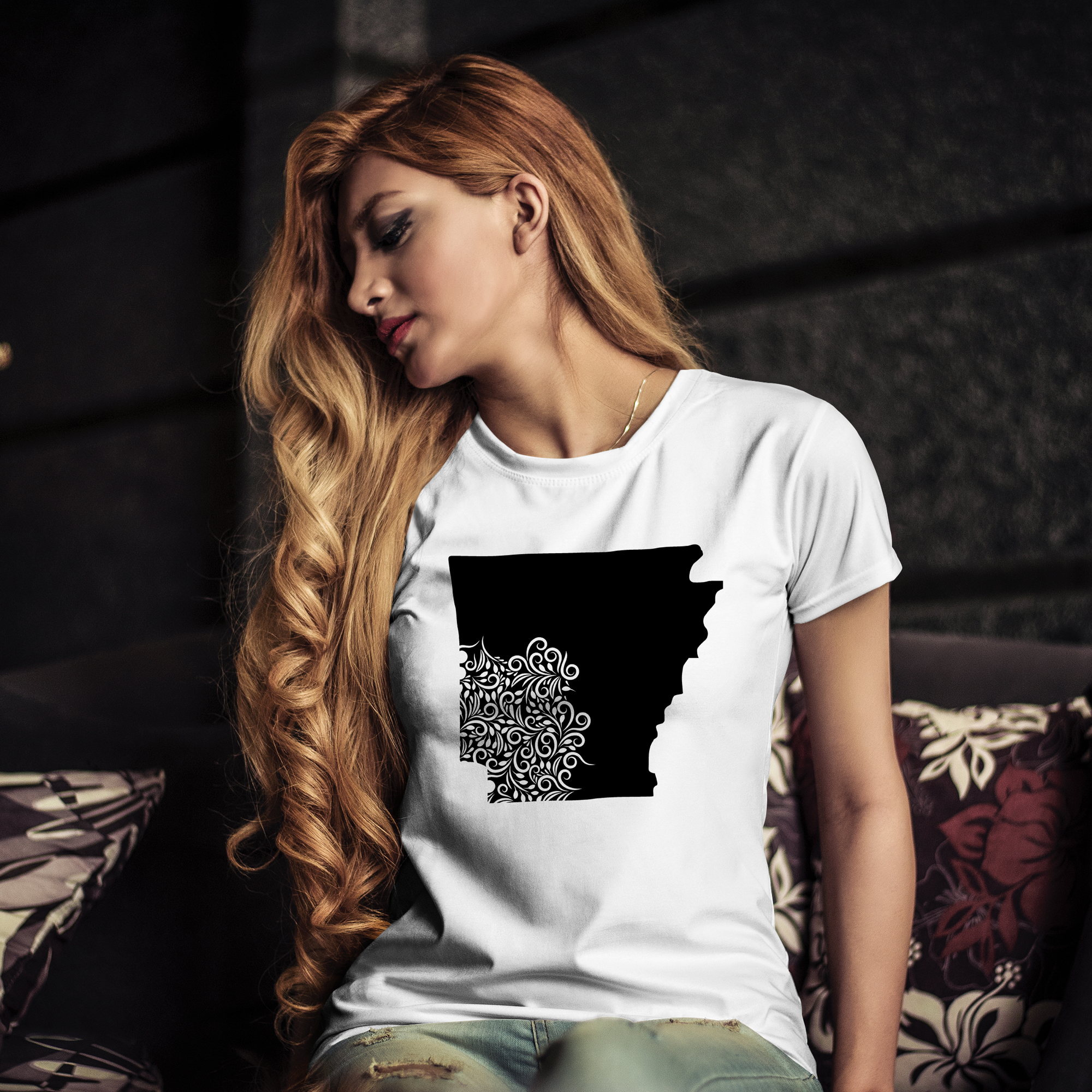 A state print on a girl's T-shirt.