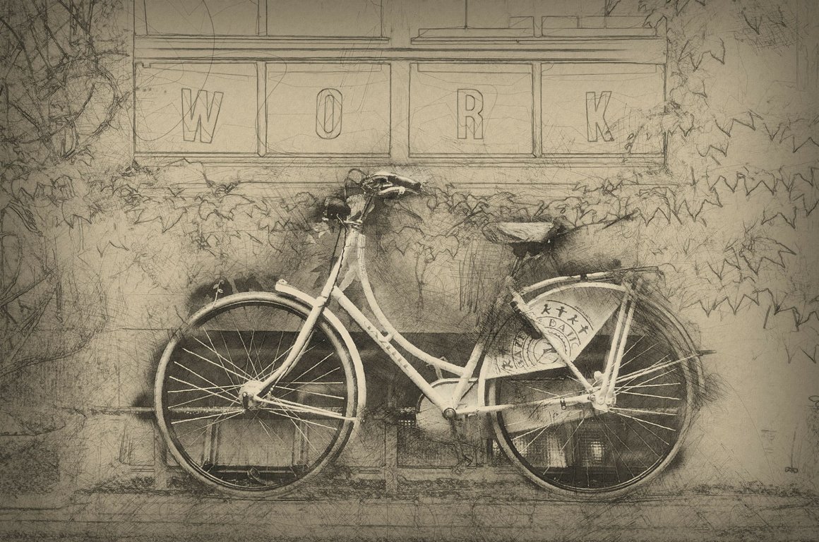 Monochrome image of a bicycle.