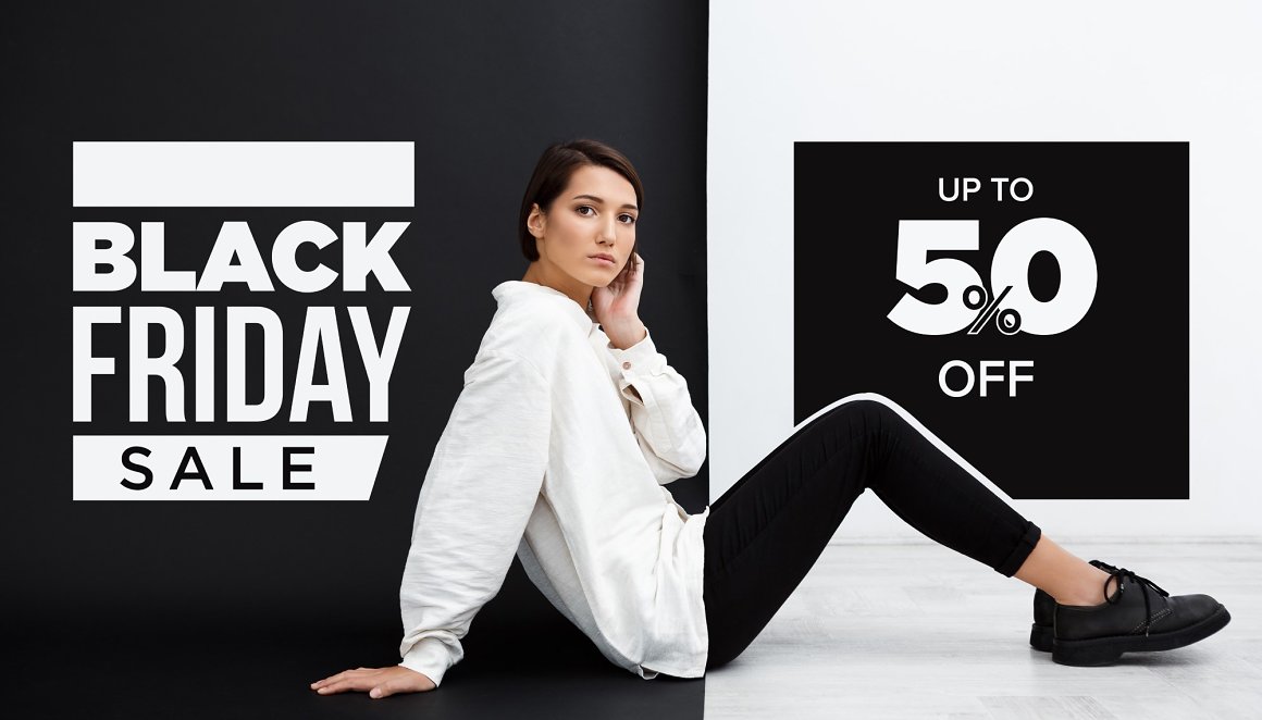Black and white sale banner with girl model.