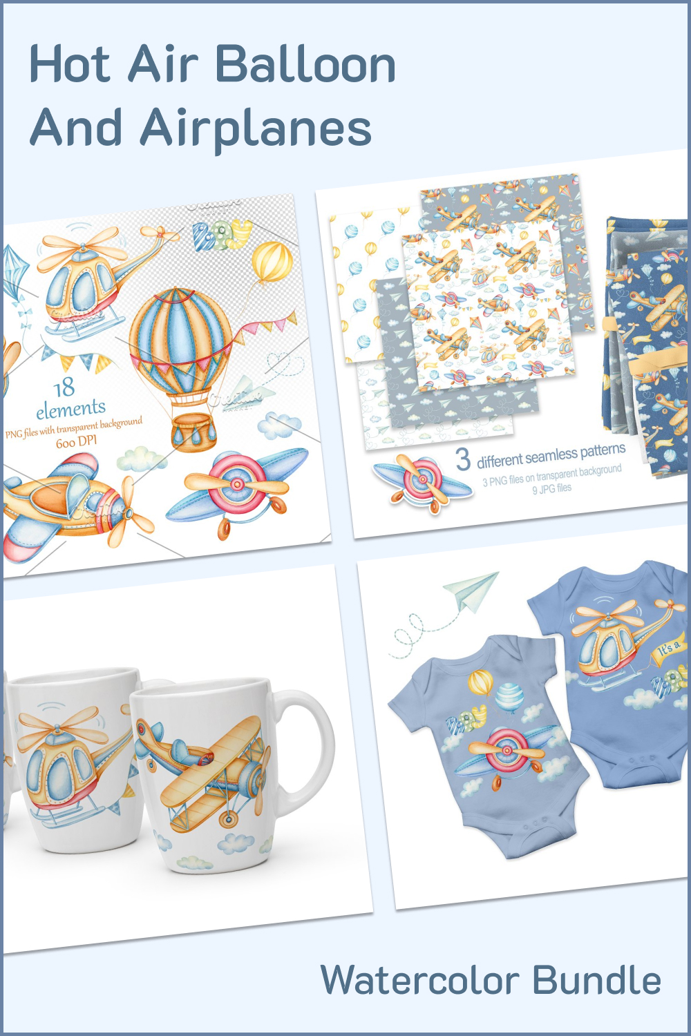 Pinterest illustrations bundle airplanes and hot air balloon.