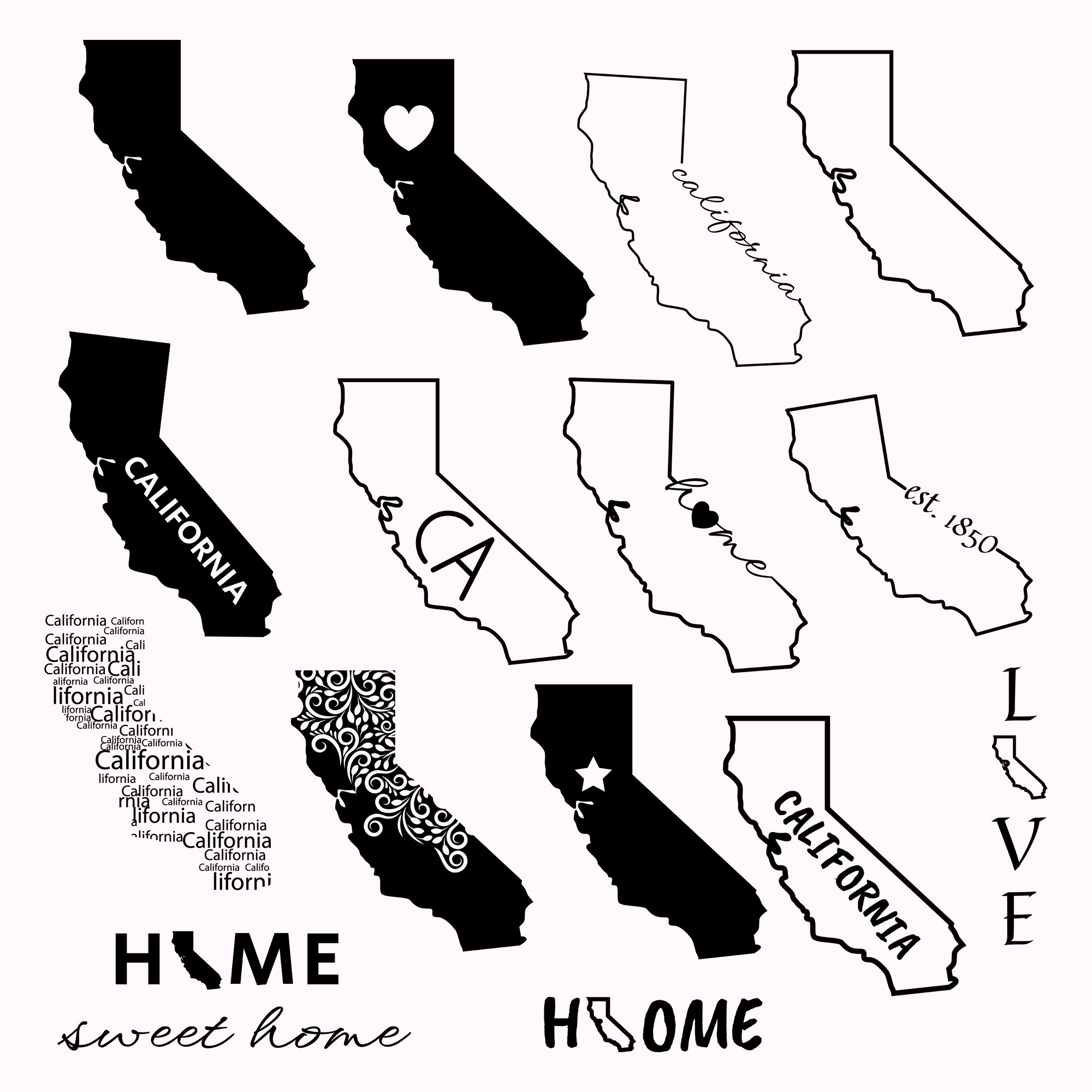 California SVG Bundle, California Outline Art, California State Silhouette