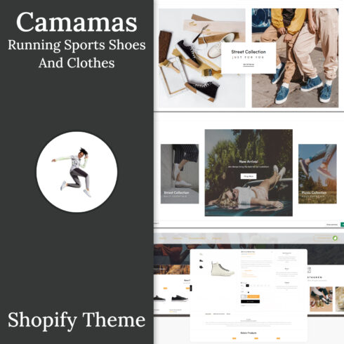 Preview images with camamas running sports shoes clothes shopify theme.