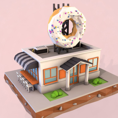 Images preview cartoon donut cafe low poly 3d model.