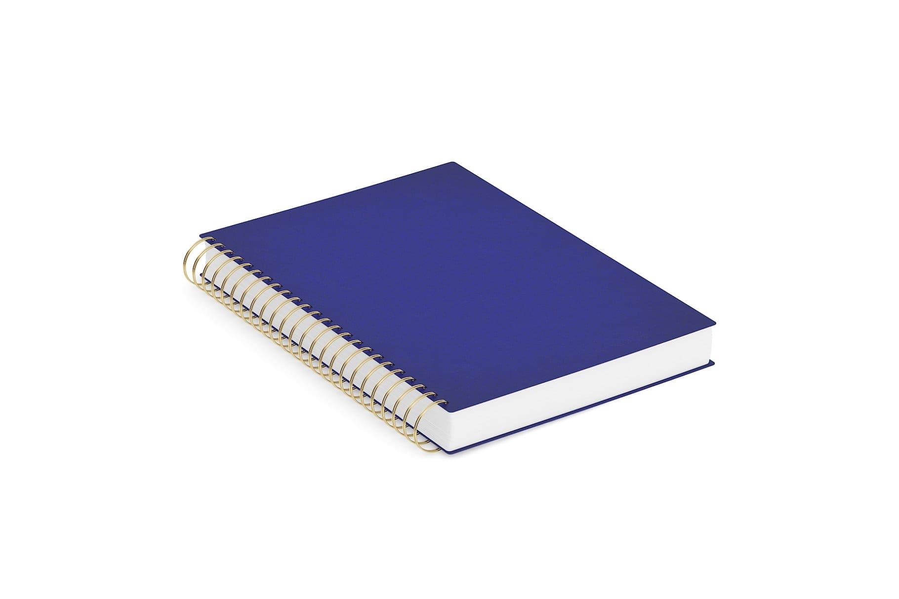 Blue notebook with white leaves and a metal spring.