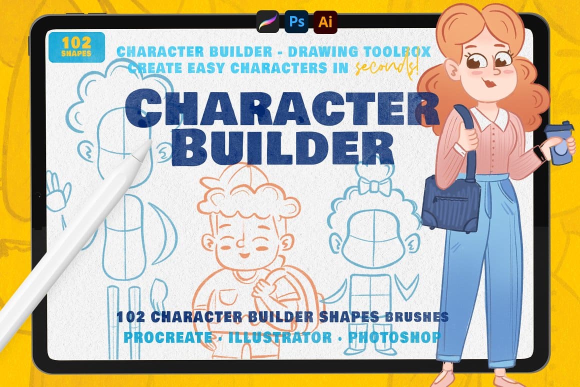 102 character builder shapes brushes on the yellow background.