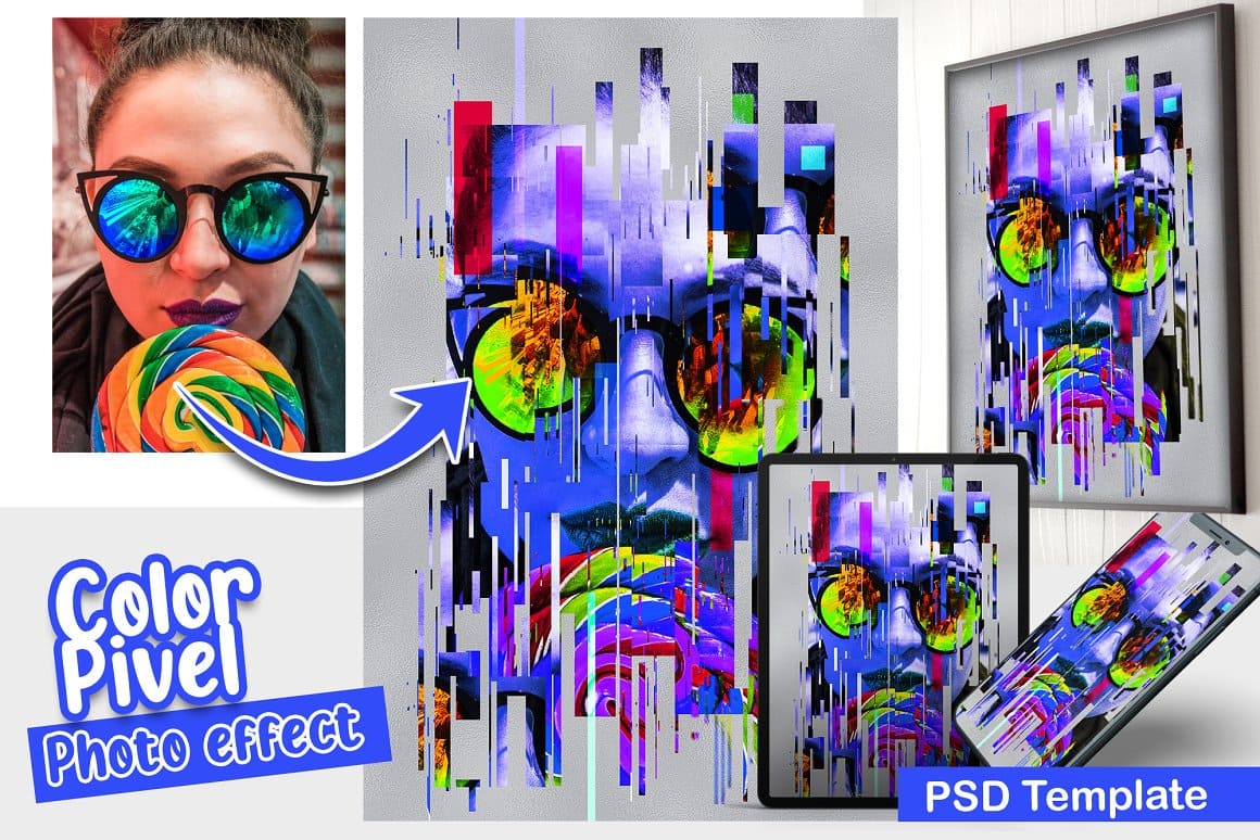 The image of a girl with colored glasses is processed in Color Pixel Photo Template.