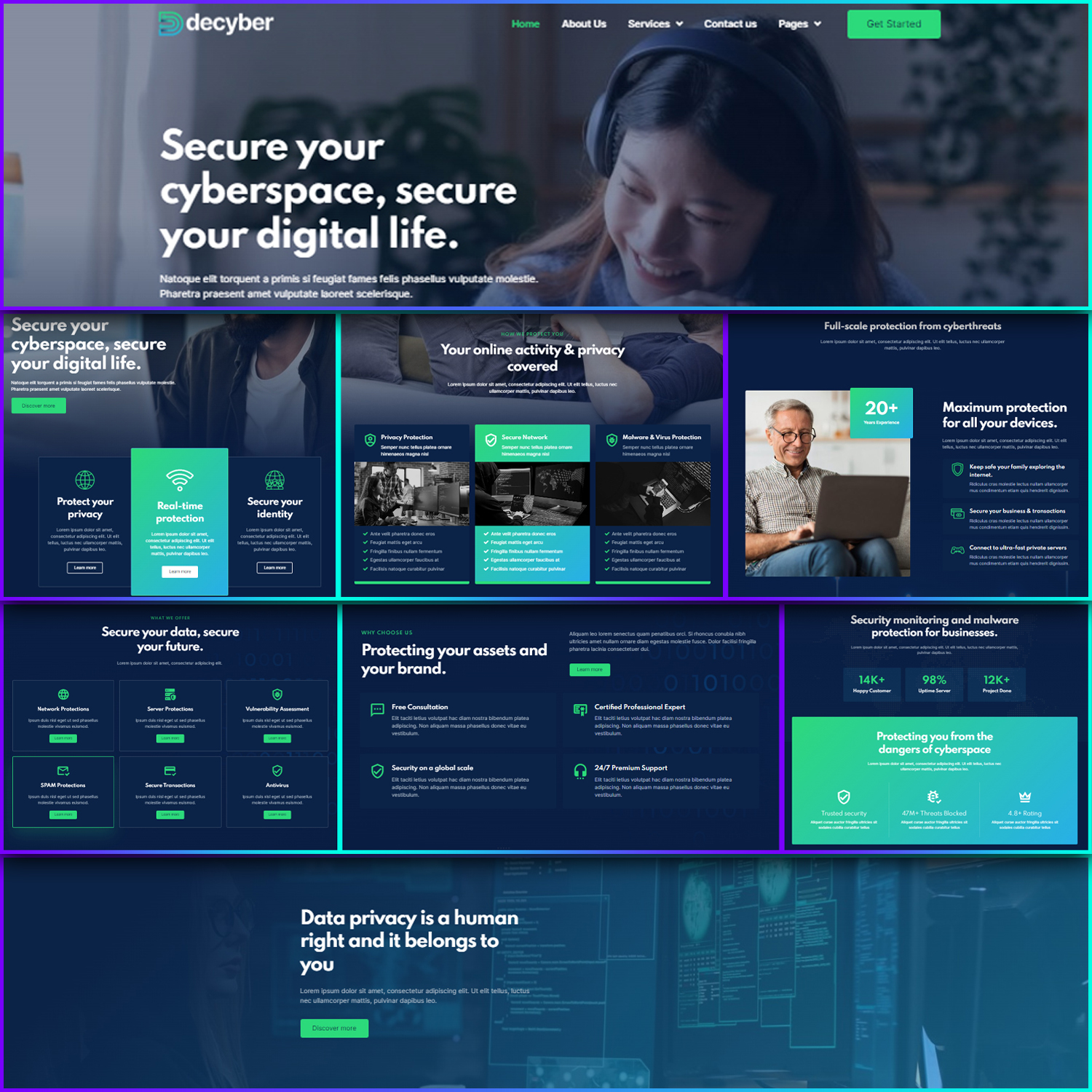 Images preview decyber cyber security services elementor template kit.