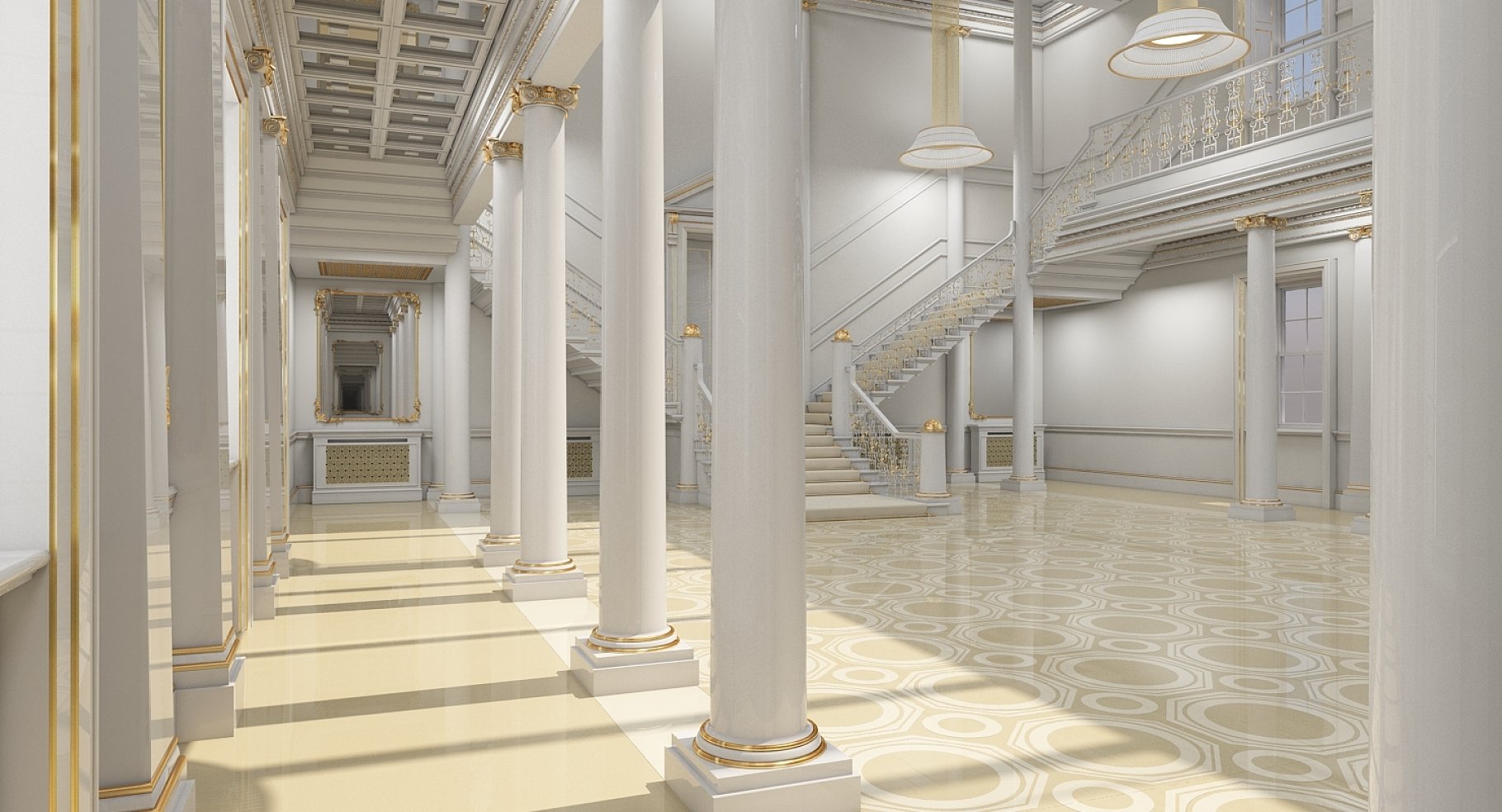 White columns with hall decorations.