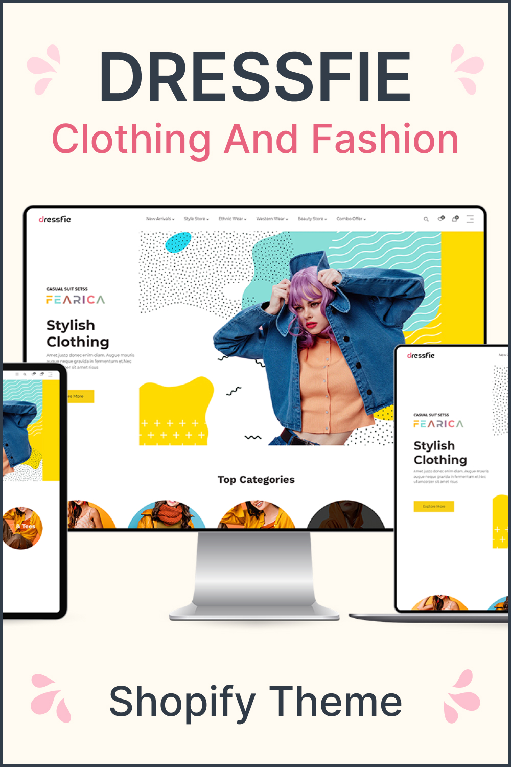 Pinterest illustrations of dressfie clothing and fashion shopify theme.