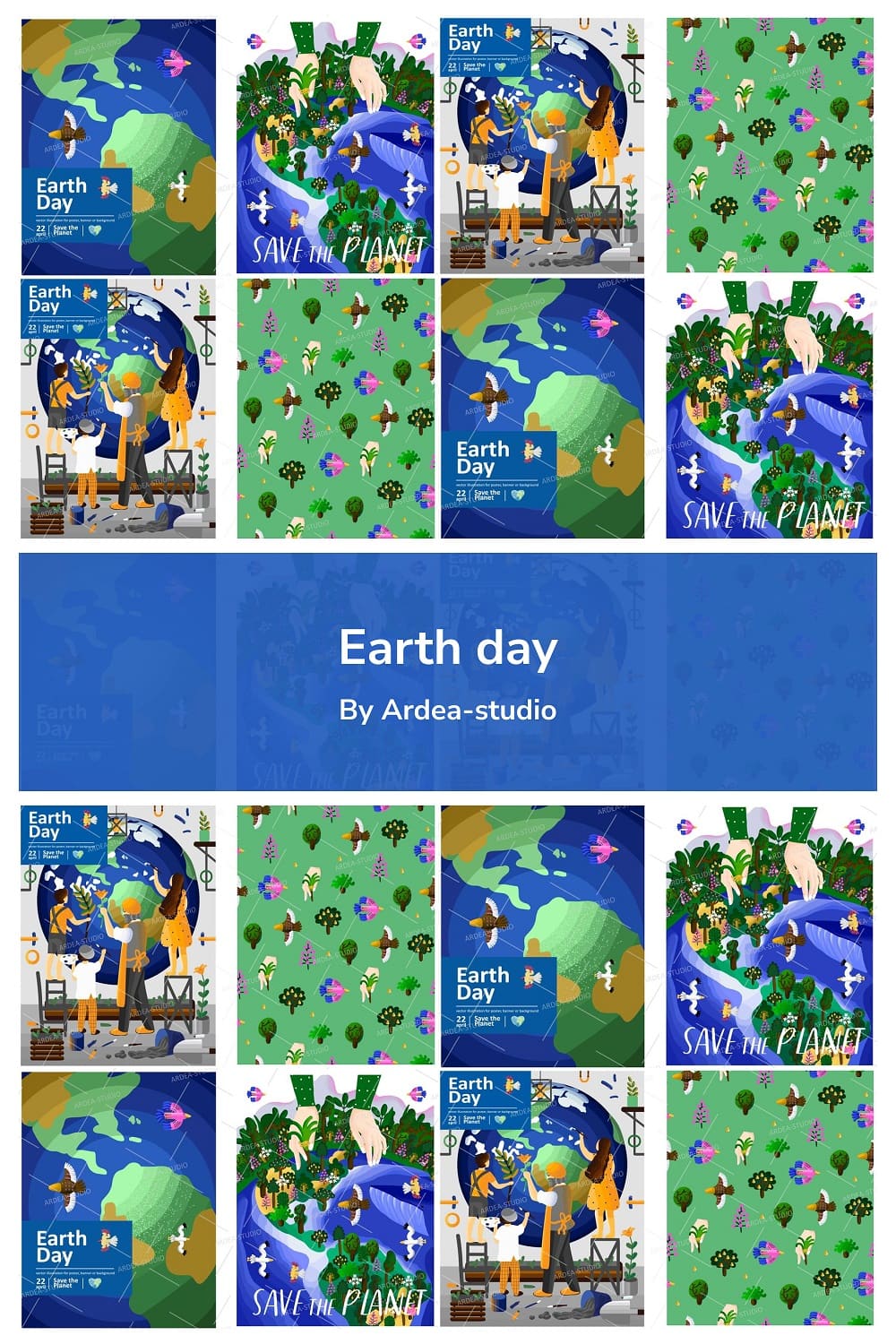Flora and fauna are depicted on green and blue backgrounds.
