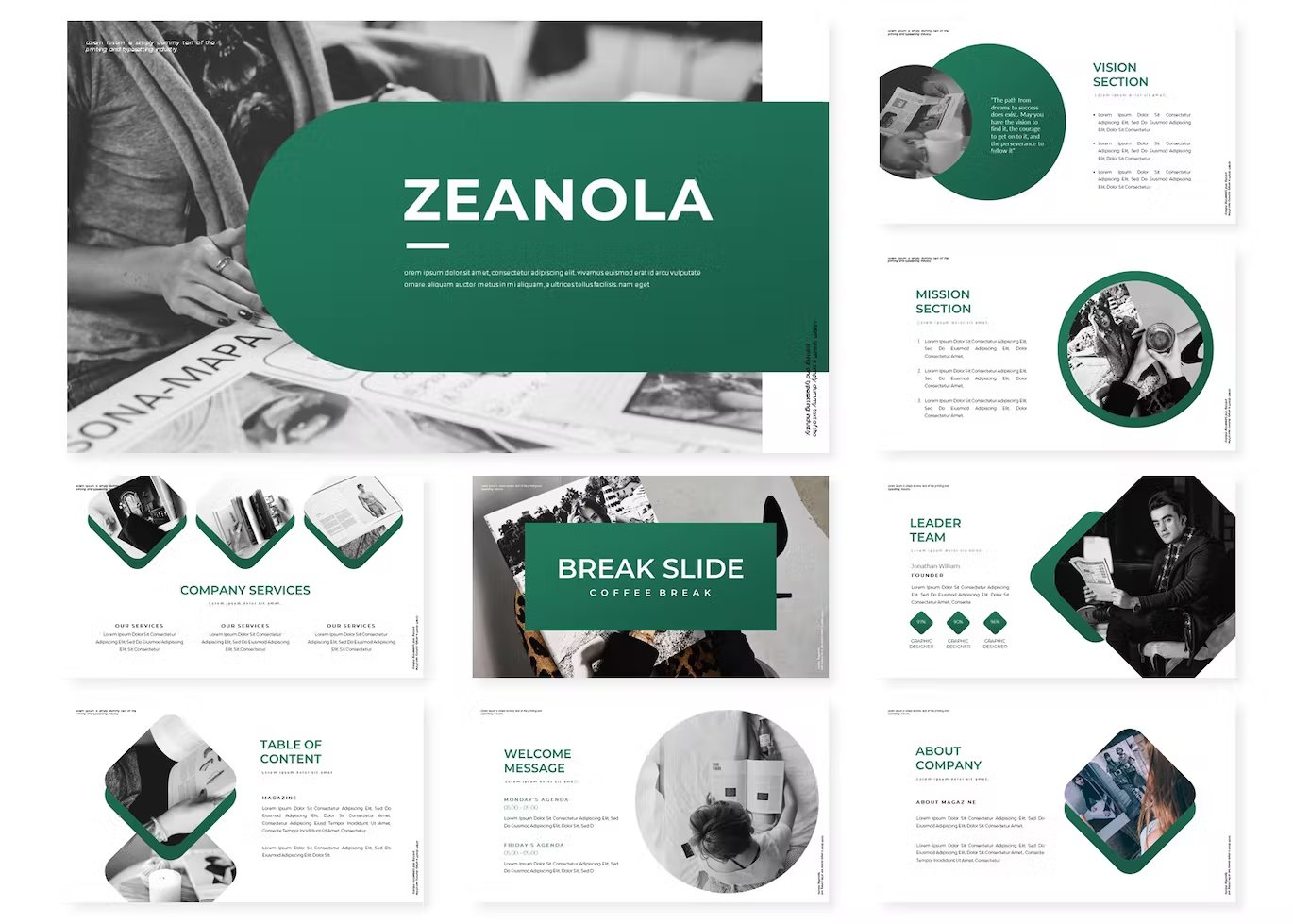 Awesome template slide pages with splashes of green.