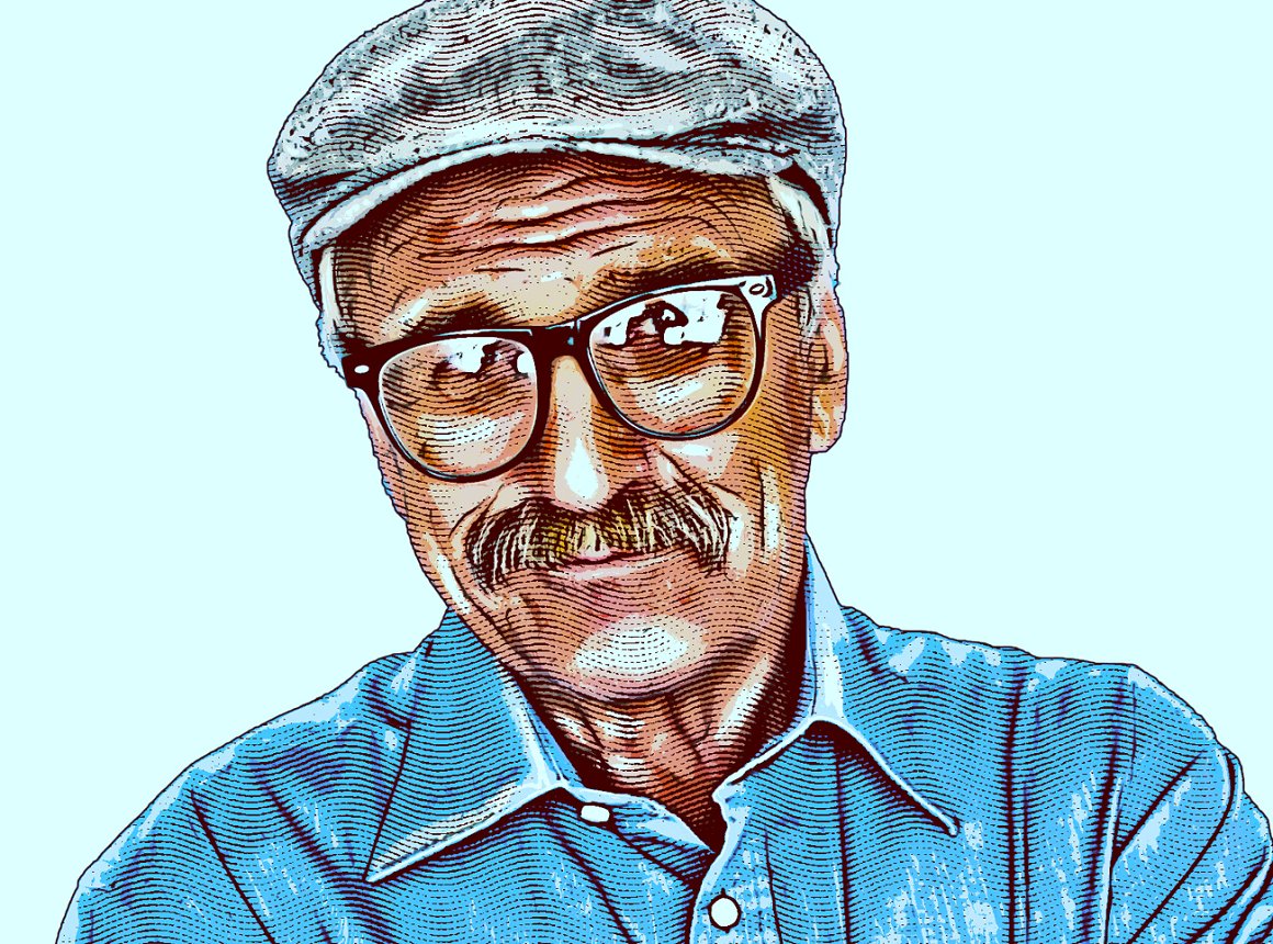 Grandfather in glasses and cap.
