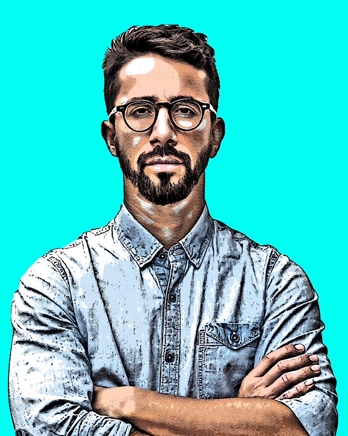 A man in glasses on a turquoise background.
