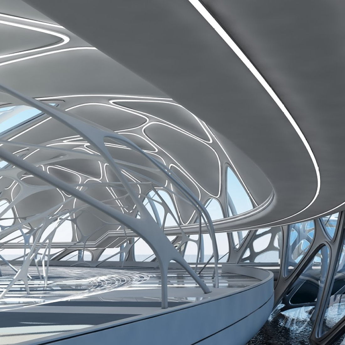 Images preview futuristic architectural structure.