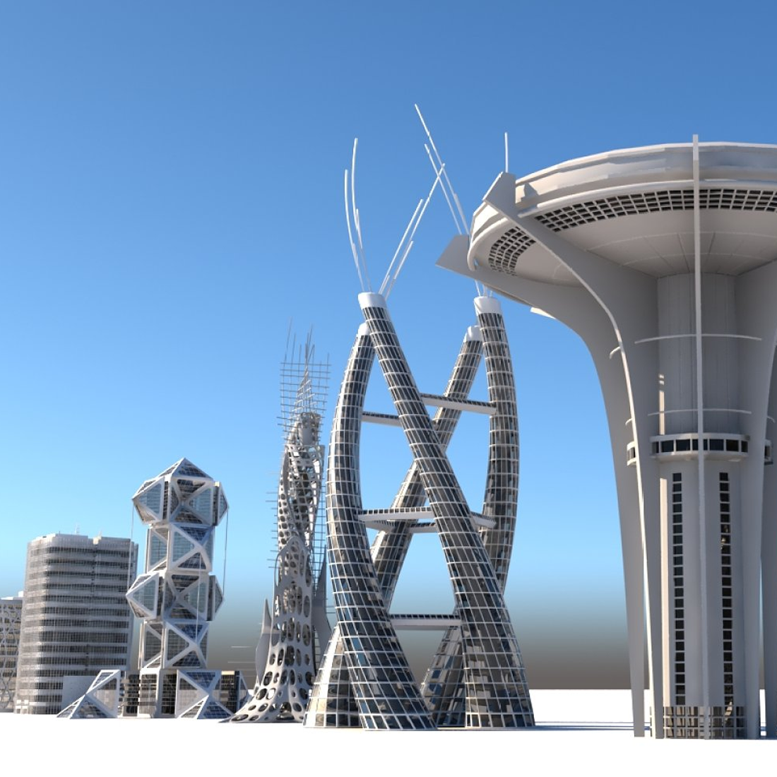 Images preview futuristic skyscrapers.