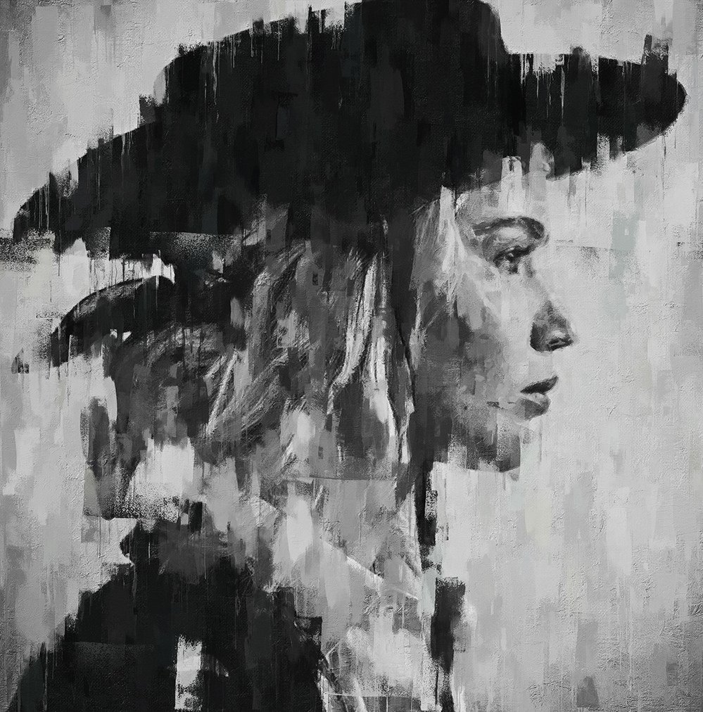 Black and white image with a girl in a hat.