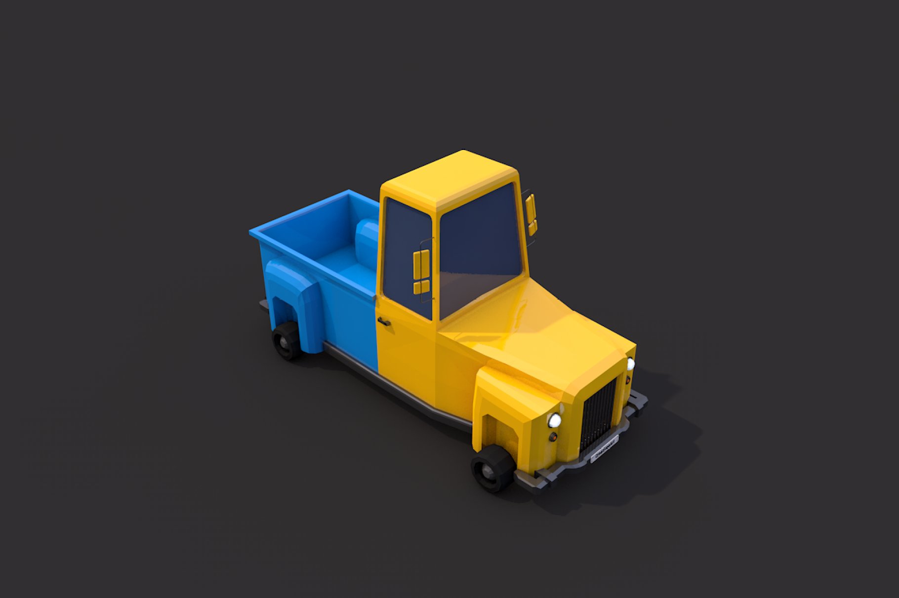 Blue-yellow pickup truck.