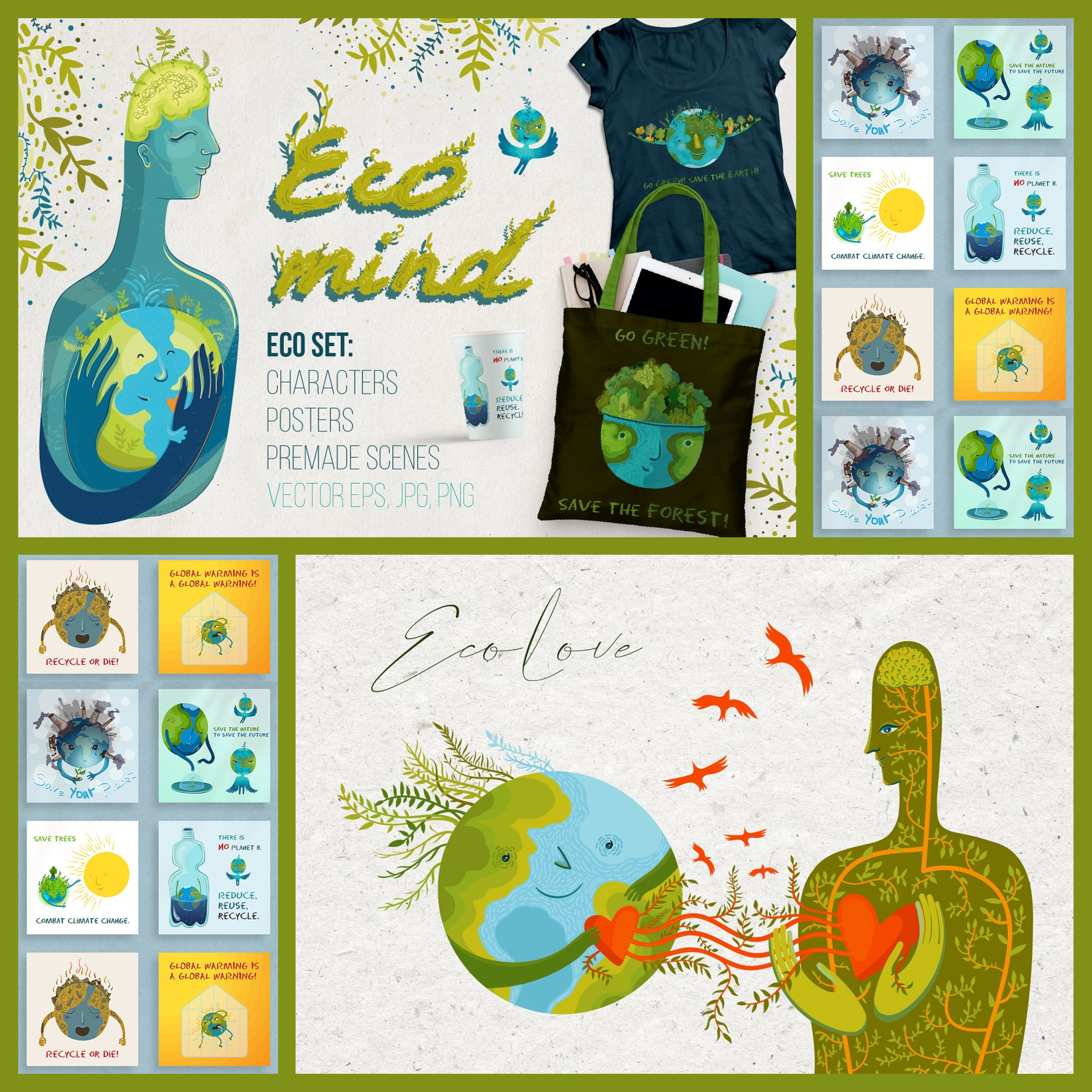 Preview in eco love with earth. vector set.