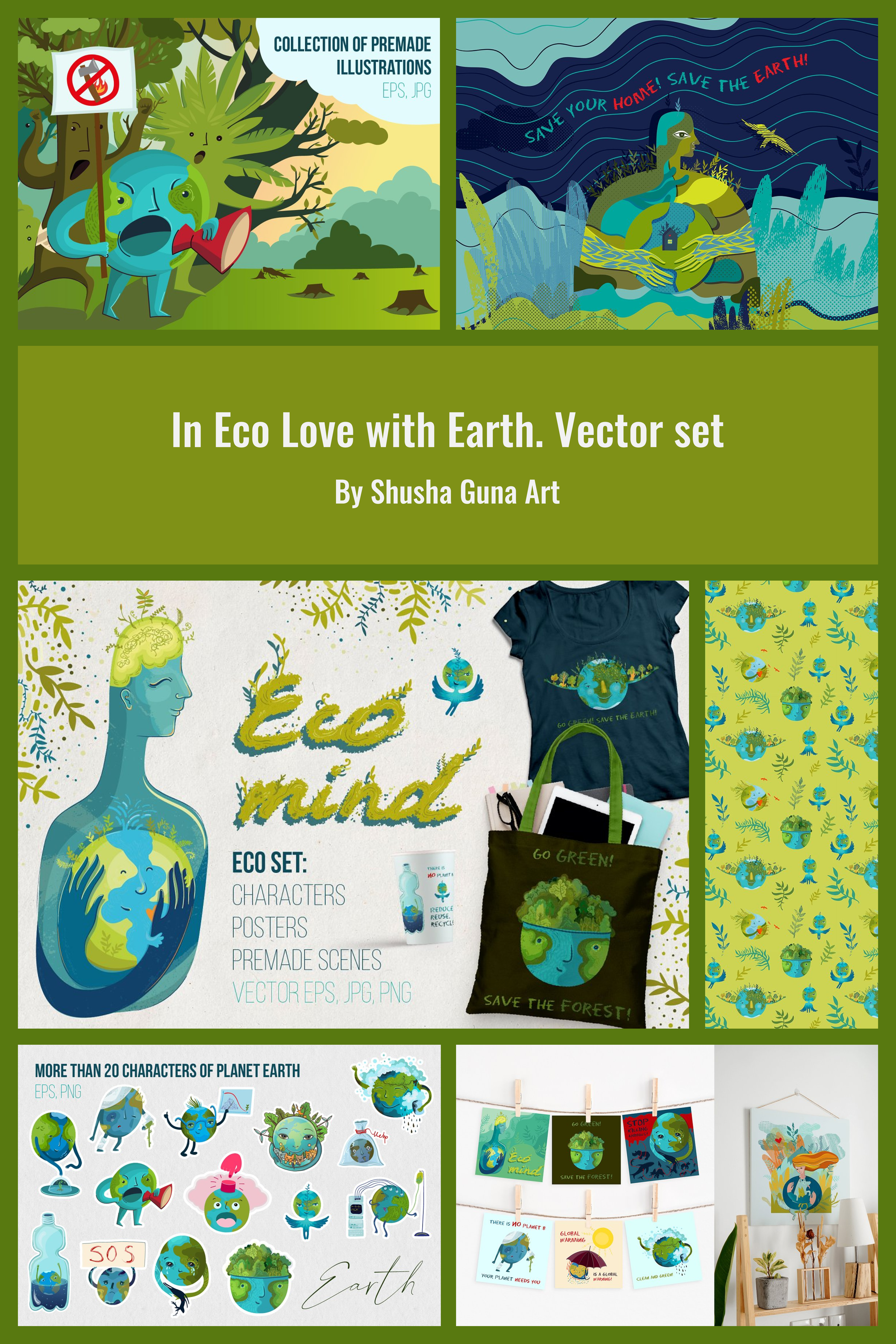 In eco love with earth vector set of pinterest.