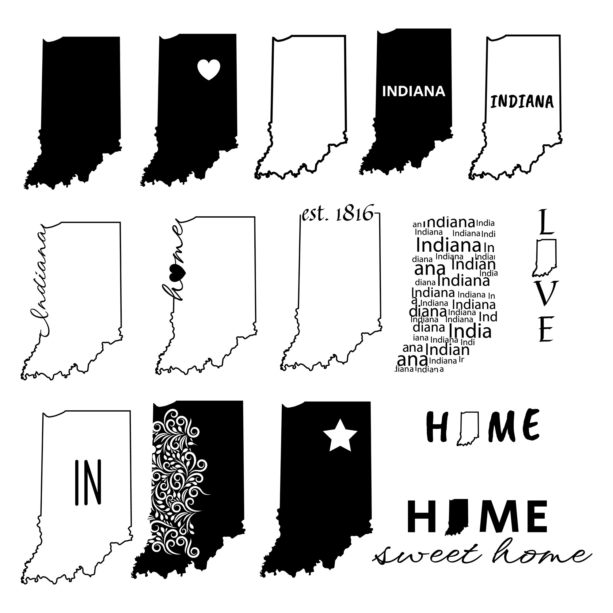 Illustrations with indiana outline with text cut file.