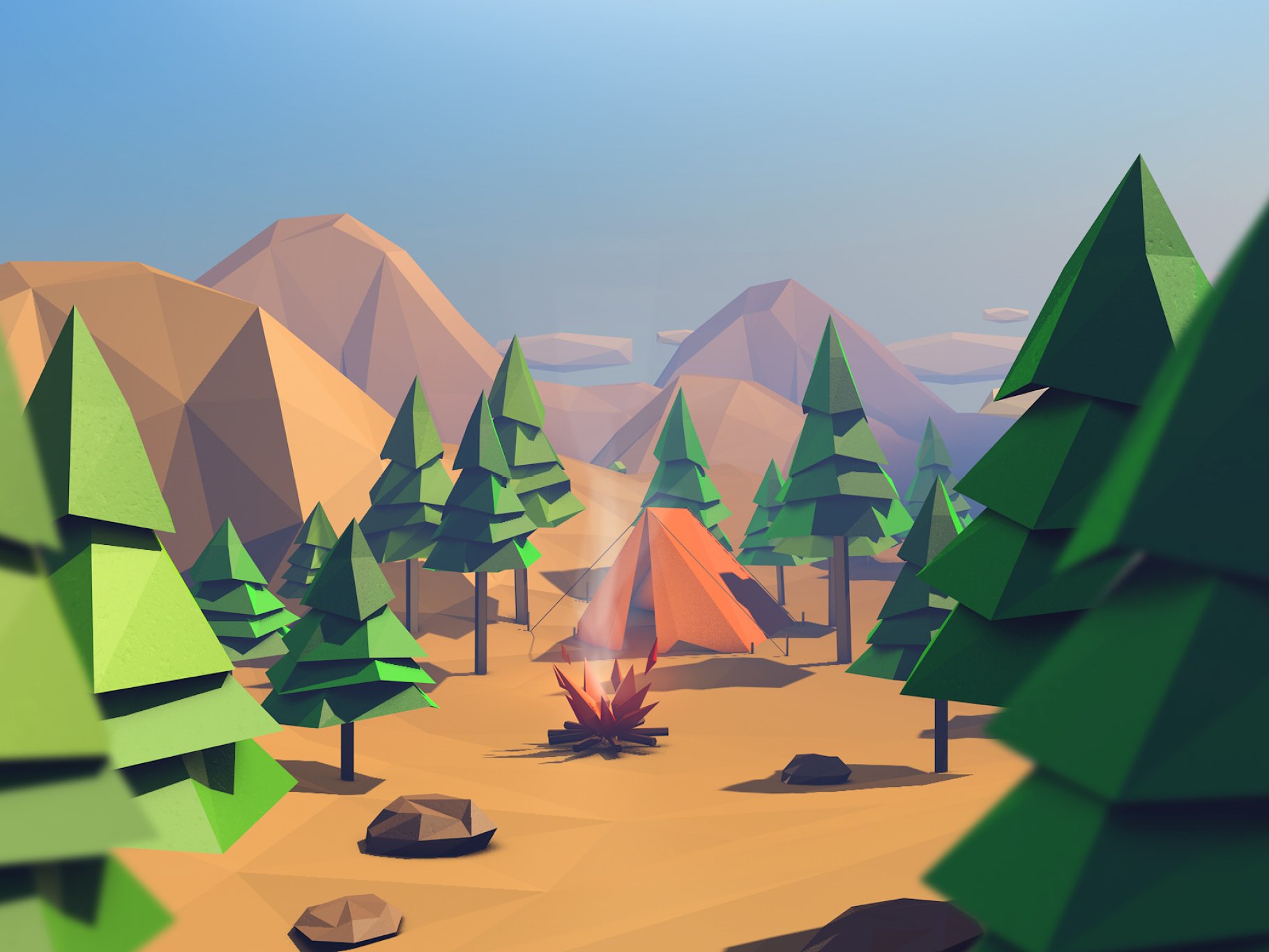 Prerender of an island with a forest and a campfire.