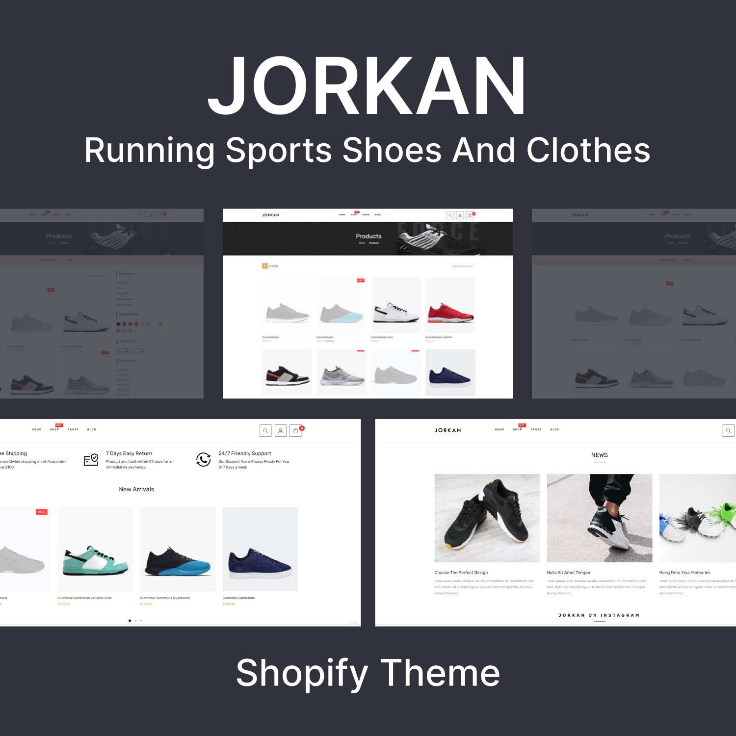 Preview images with jorkan running sports shoes clothes shopify theme.