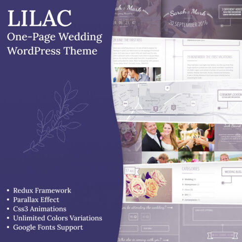 Preview lilac one page wedding wordpress theme.