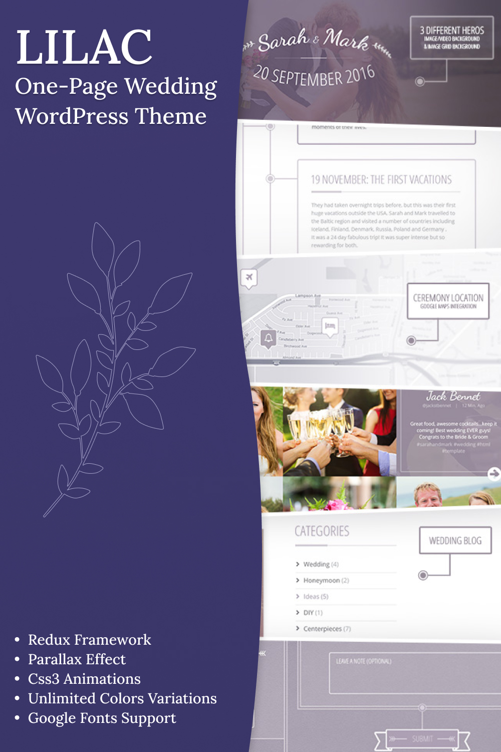 Illustrations lilac one page wedding wordpress theme of pinterest.