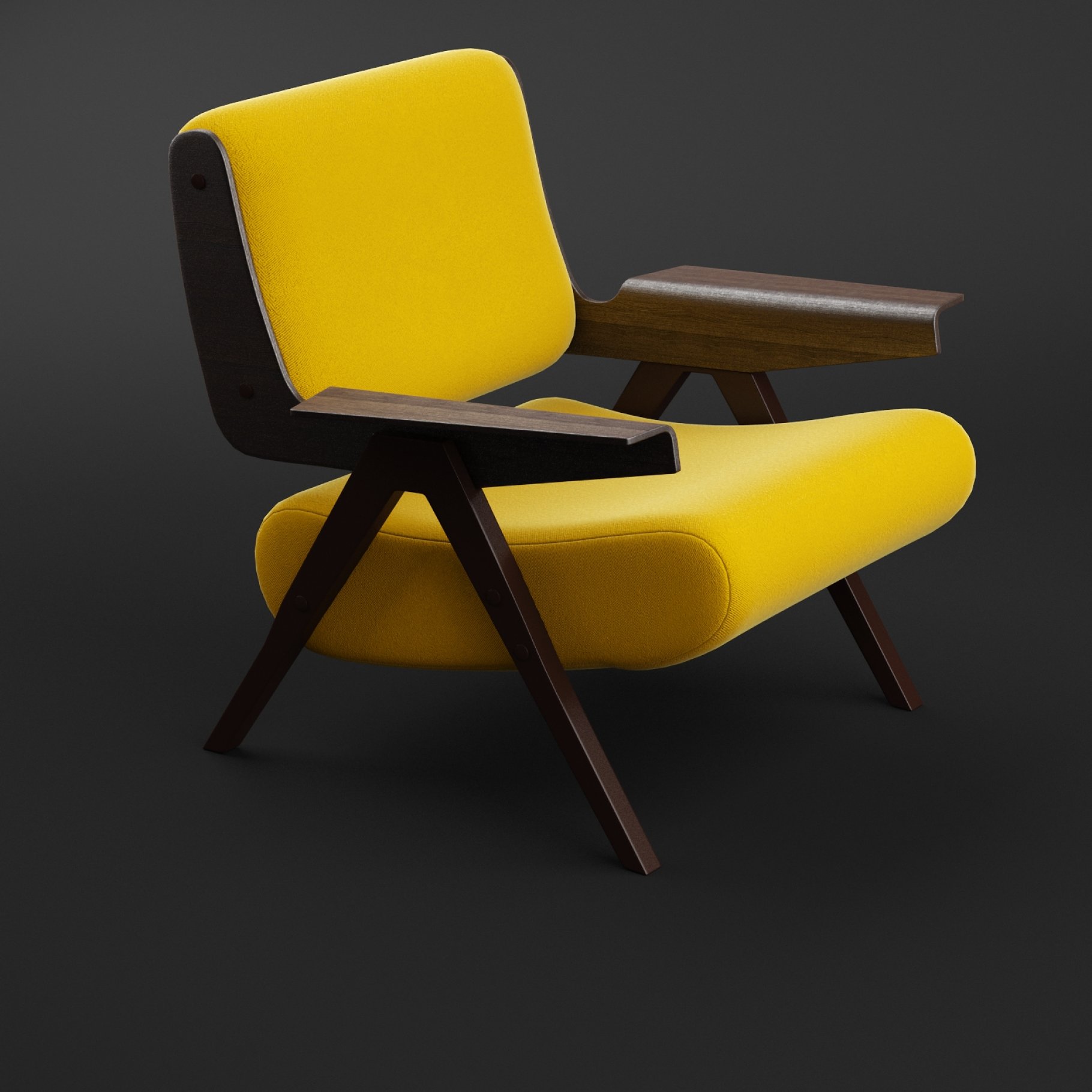 A yellow chair with wooden handles.