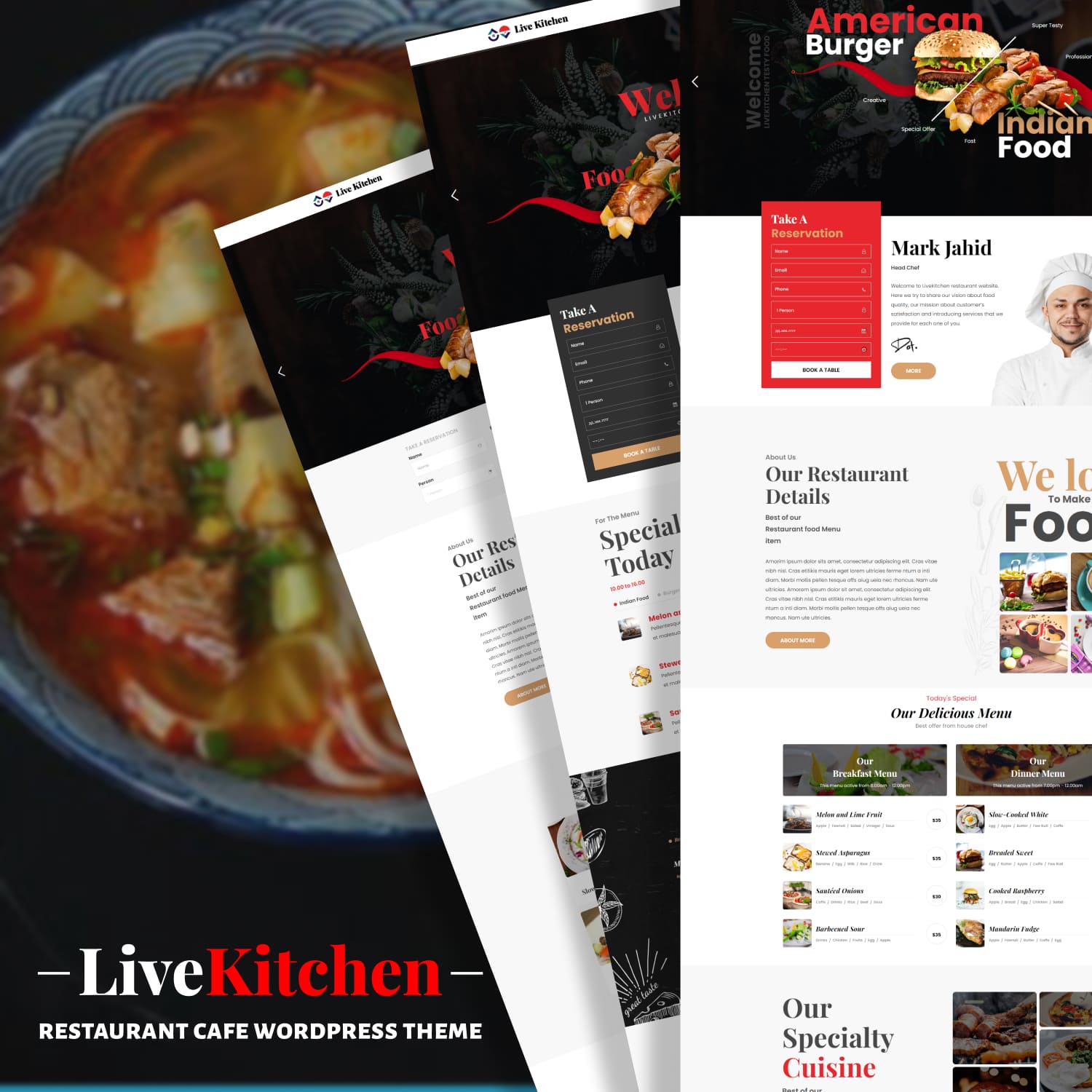 American burger and Indian food of the Livekitchen | Restaurant Cafe WordPress Theme.