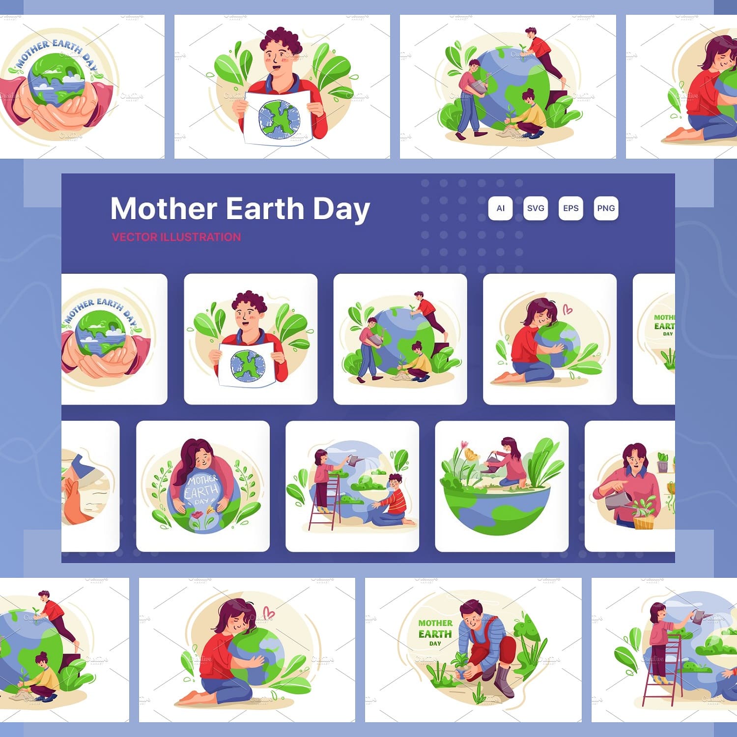On a blue background, several square images for Mother Earth Day.
