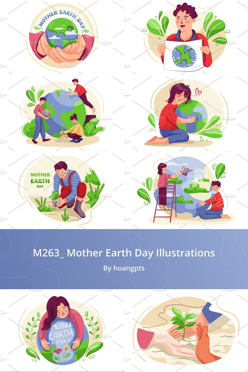 Illustrations depicting the Earth, people, and plants living in harmony.