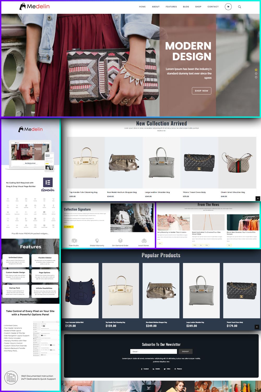 Medelin fashion handbags store woocommerce theme.