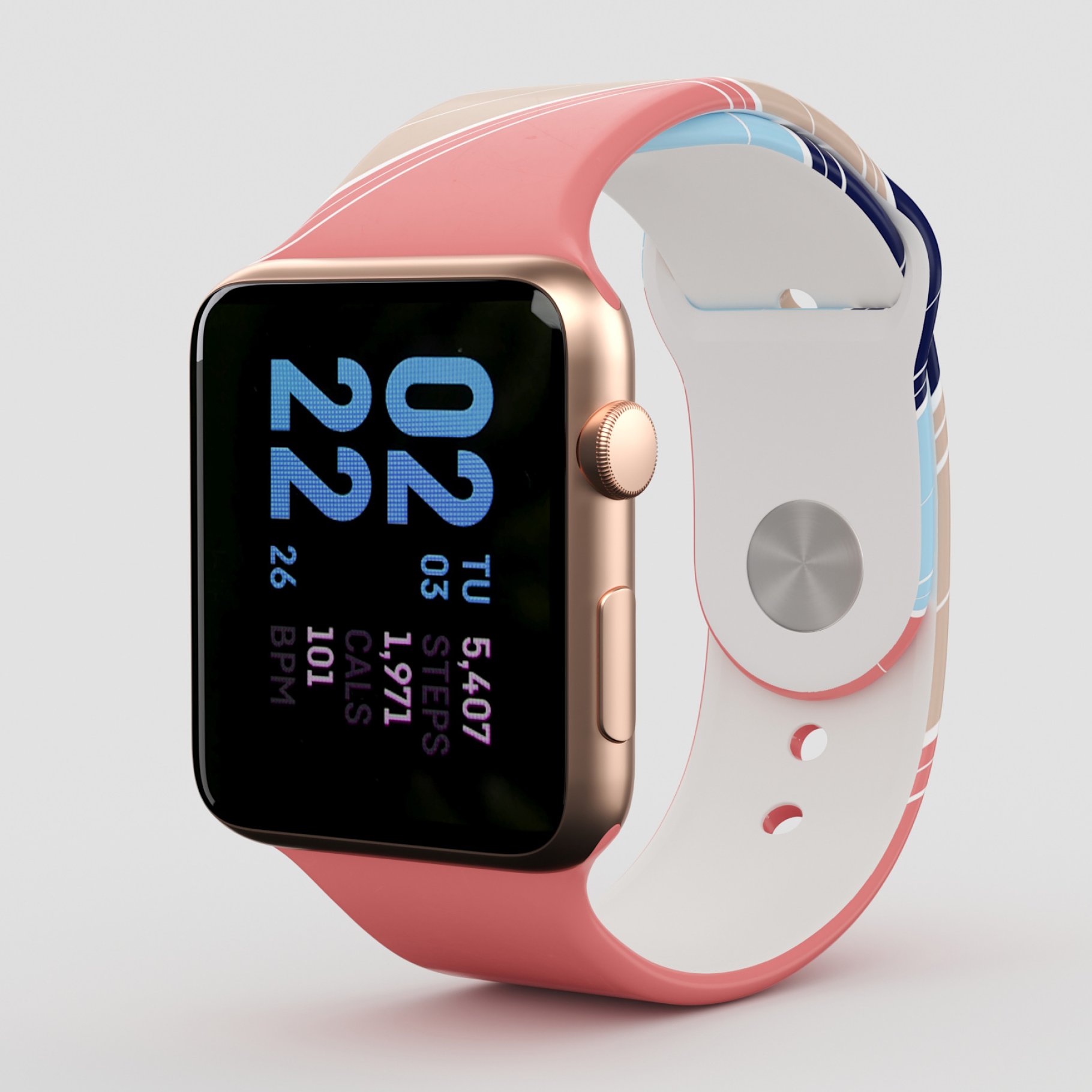Blue screen and pink strap.