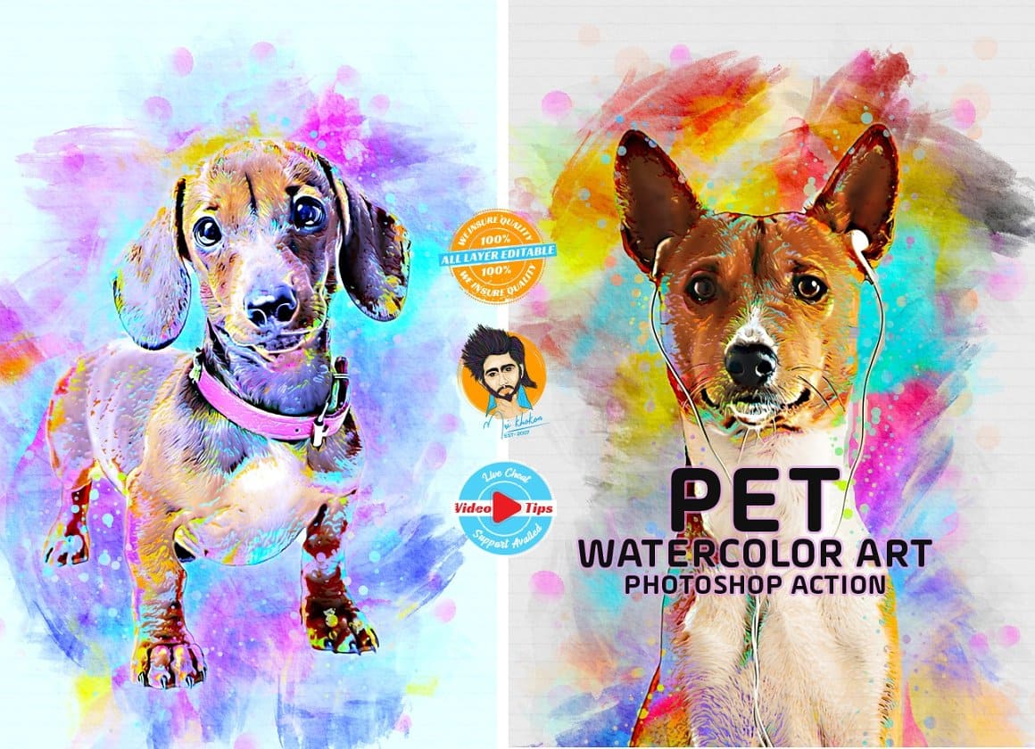 Several images of dogs processed in the Pet Watercolor Art Plugin.
