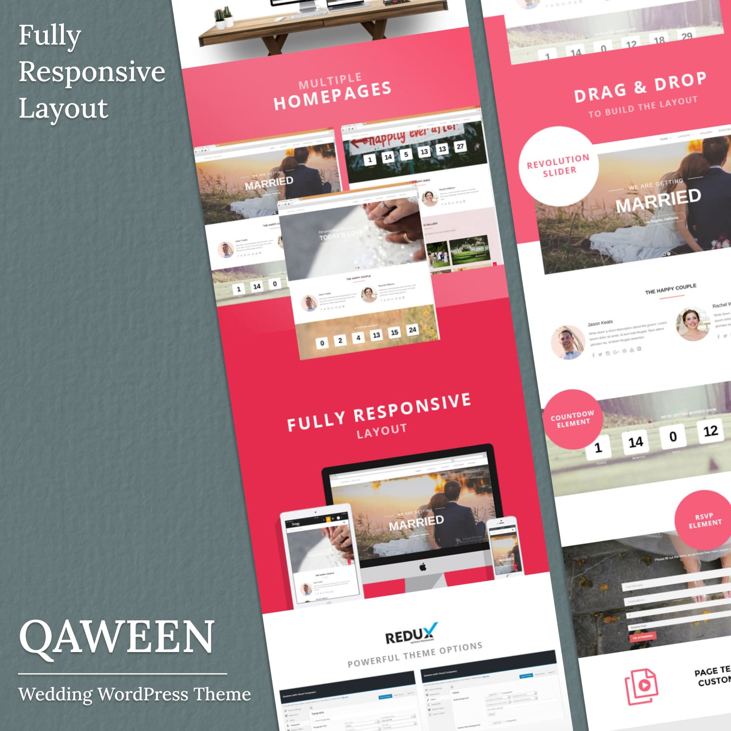 Fully responsive layout of Qaween - Wedding WordPress Theme.