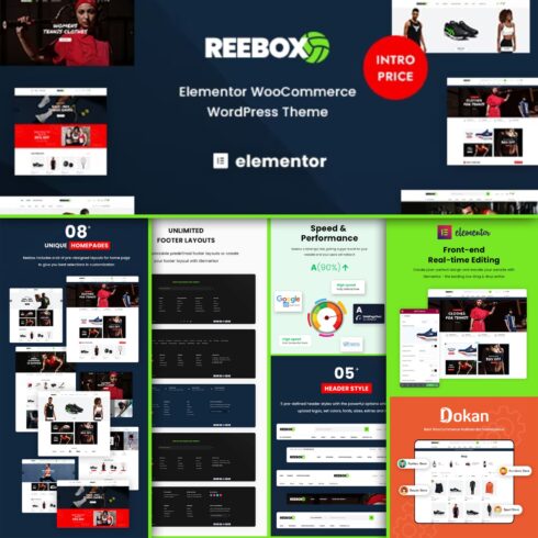 Unlimited footer layouts of the Reebox - Elementor WooCommerce WordPress Theme.