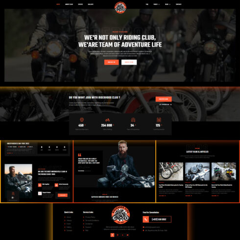 Images preview riderhood motorcycle club elementor template kit.
