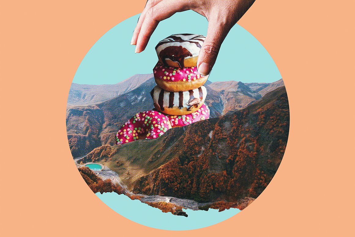 The image of donuts on the background of mountains.