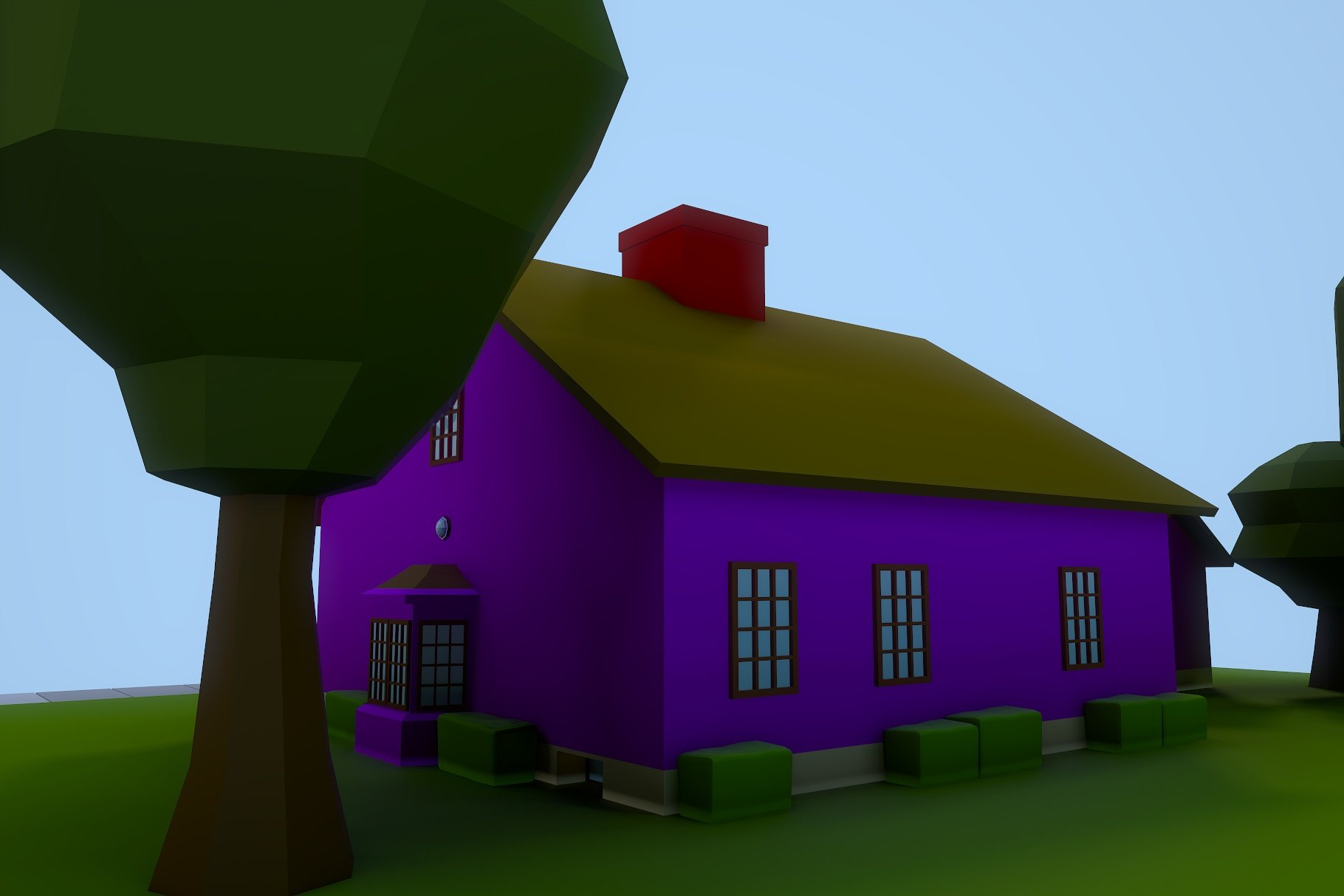 A purple little house with a green roof.