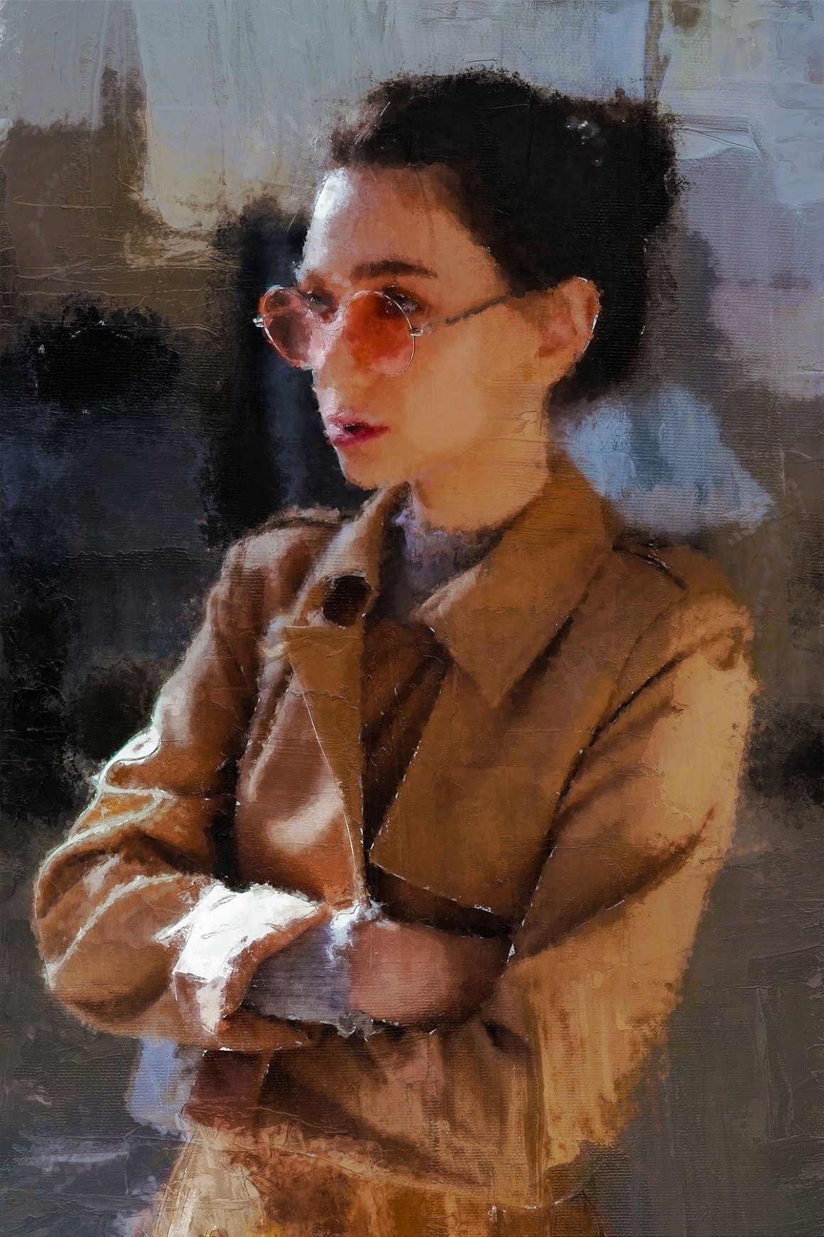 A GIRL in a coat and glasses.