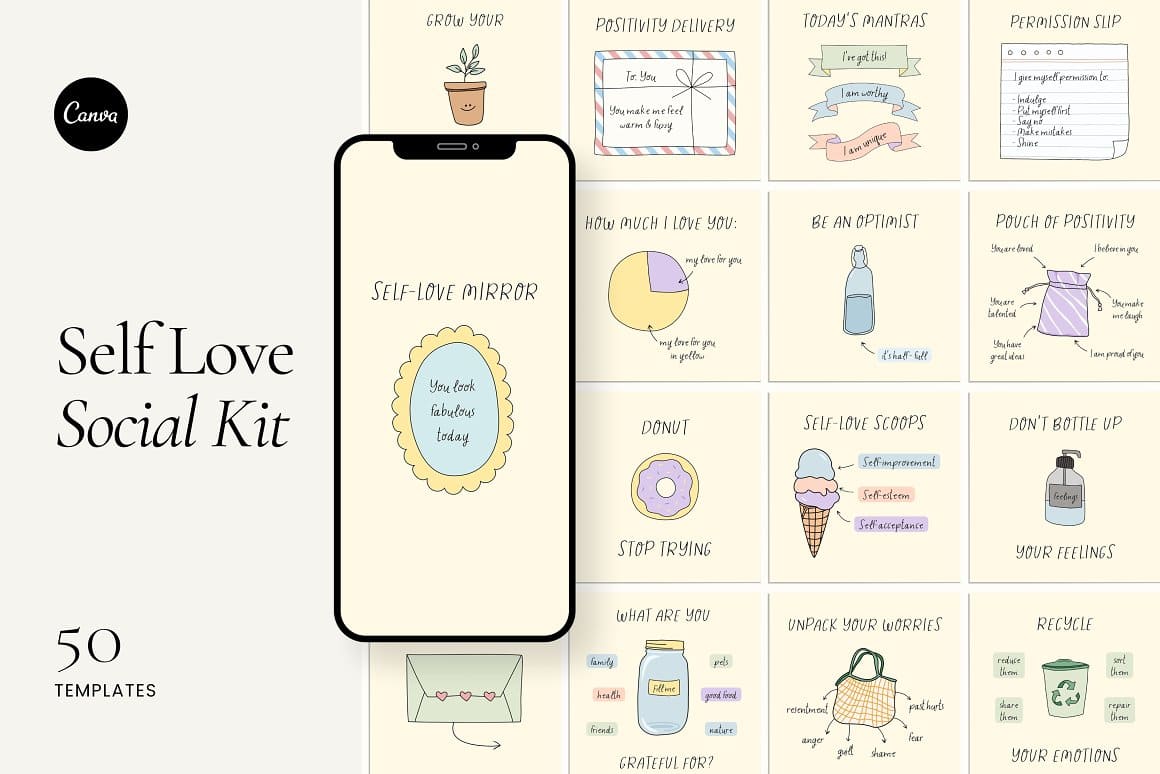 50 templates of self love social kit.