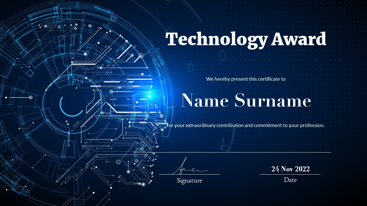 Blue slide with technology award.
