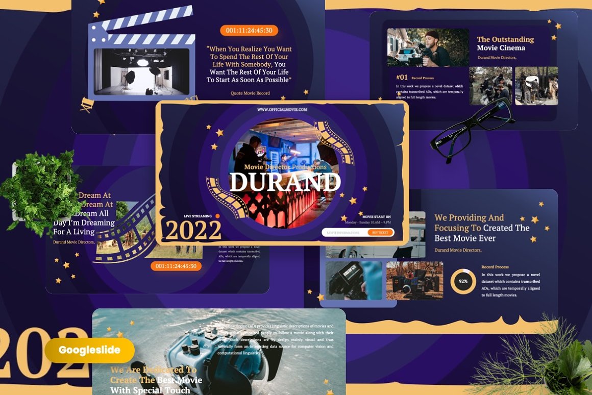 The main page of the presentation template with a movie theme.