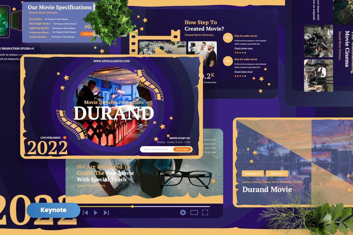 The main page of the presentation template with a movie theme.
