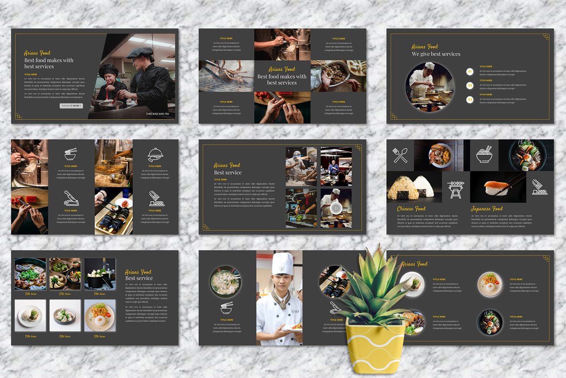 Various images on the slides of delicious dishes.