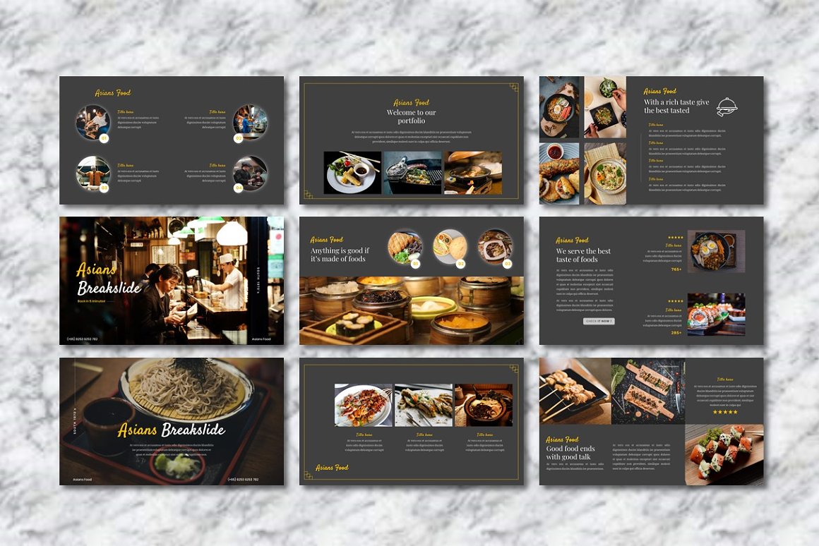 Various images on the slides of delicious dishes.