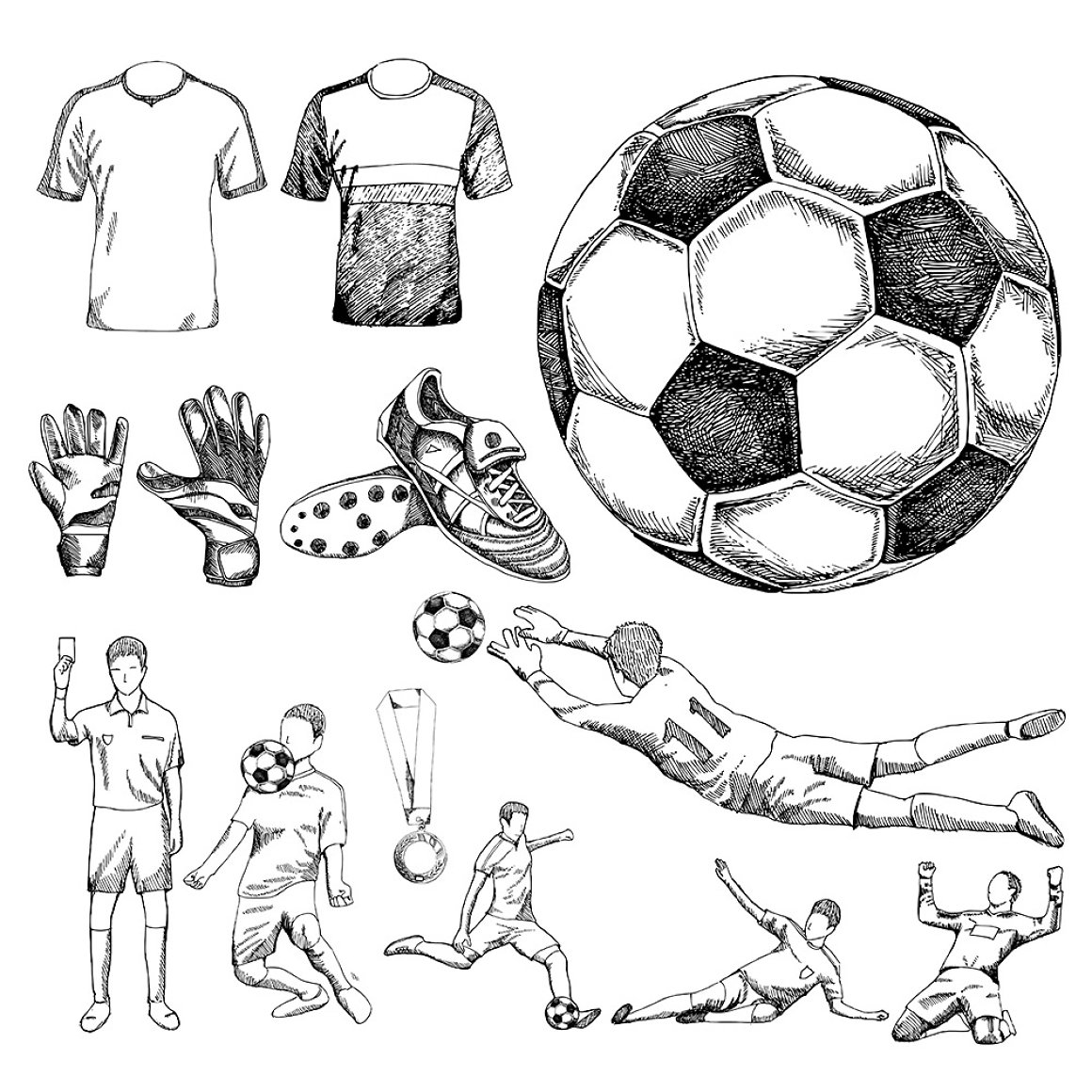 Black and white icons with a ball and uniform of football players.