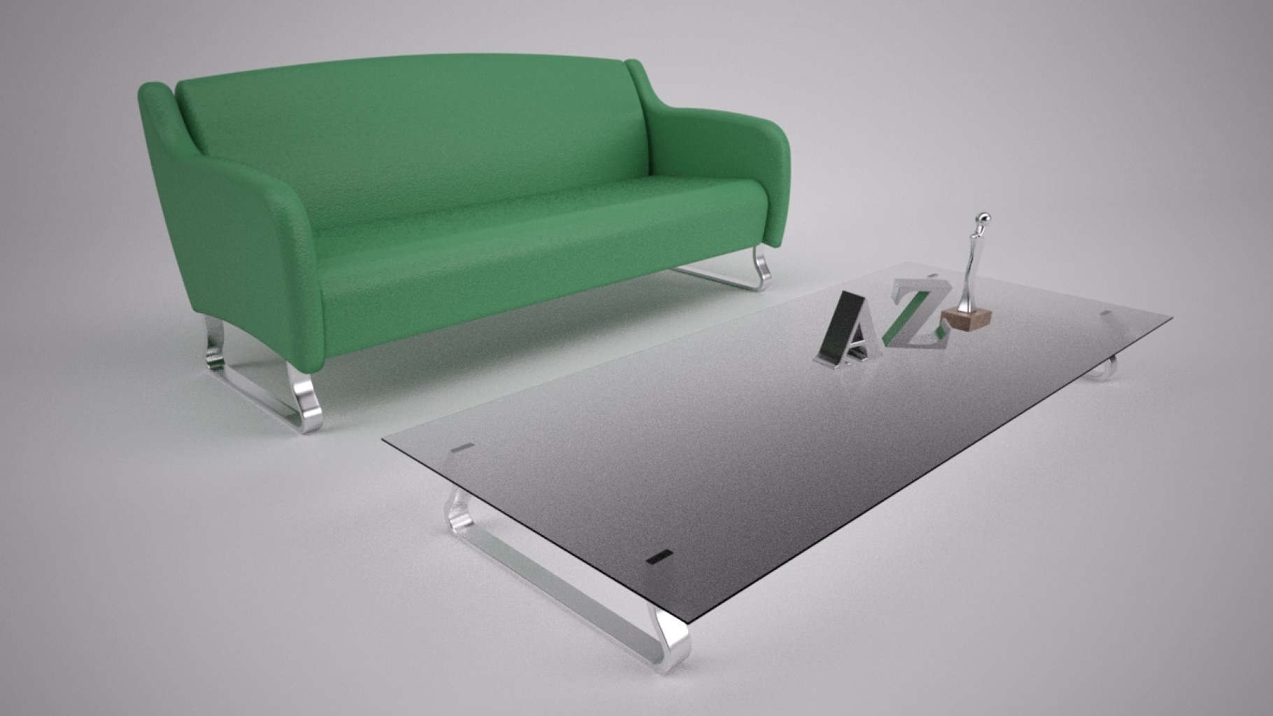 A green sofa with a transparent table.